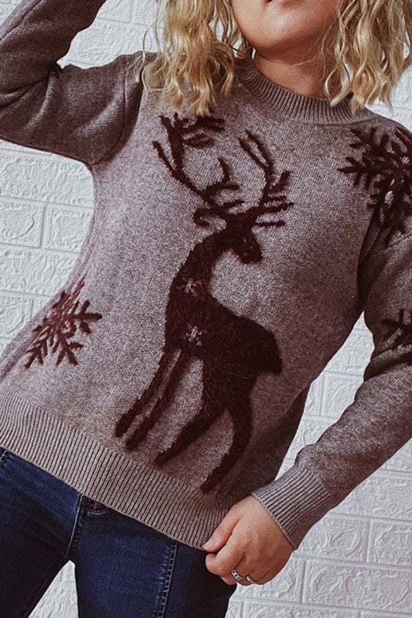 Christmas Pattern Knitted Crew Neck Long Sleeved Sweater-consonak