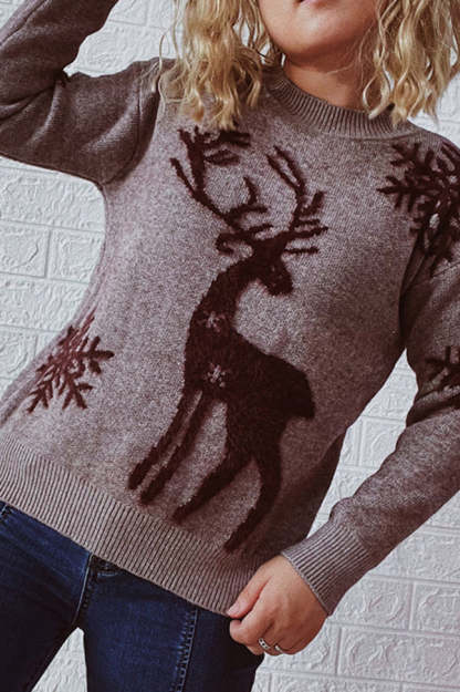 Christmas Pattern Knitted Crew Neck Long Sleeved Sweater-consonak