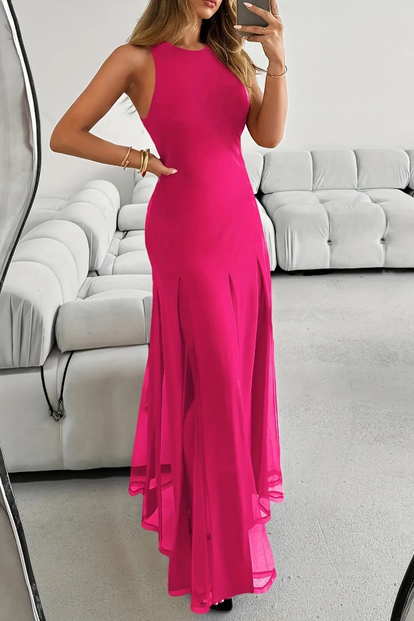 Solid Color Round Neck Sleeveless Slim Fit Sheer Patchwork Hem Maxi Dress | Consonak