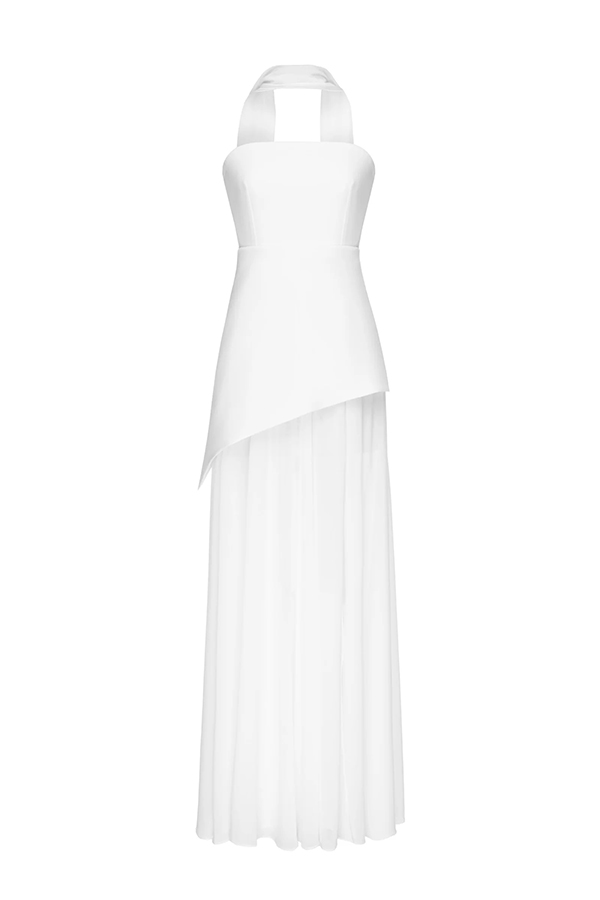 Monaco Off Shoulder Structured Top Chiffon Slit Hem Scarf Maxi Dress | Consonak
