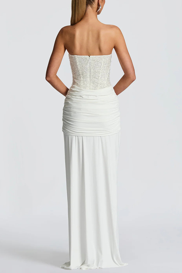 Carina Sequined and Satin Jersey Off Shoulder Ruched Knot Drape Maxi Dress | Consonak