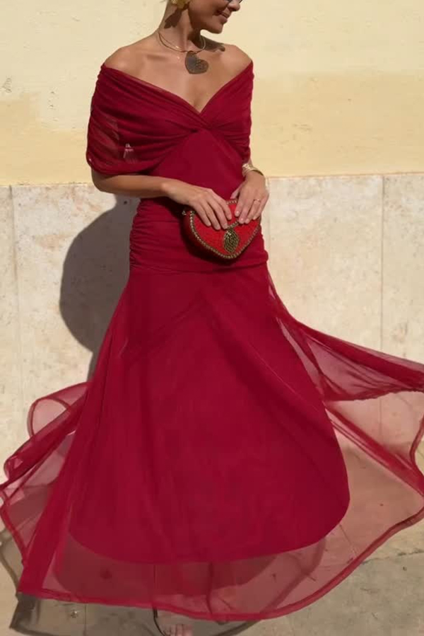 Unique Printed V-Neck Waisted Mesh Holiday Maxi Dress-consonak