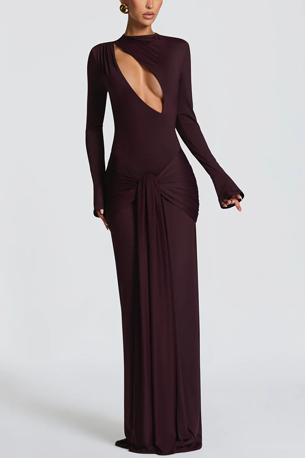 Sexy Cutout Fitted Long-sleeved Pleated Satin Ribbon Maxi Dresses-consonak
