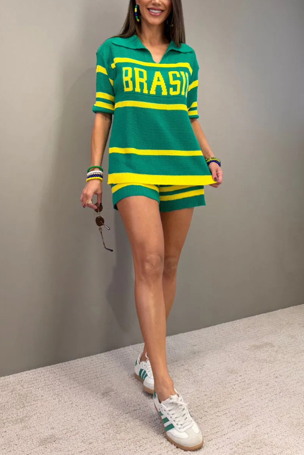 World Cup-themed Jacquard V-neck Short-sleeved Loose-fitting Top and Casual Stretch Shorts Knit Set