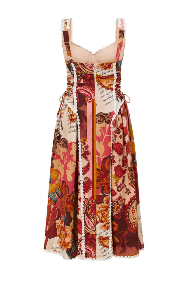 Unique Printed Floral Trim Suspender Side Tie Vacation Midi Dress