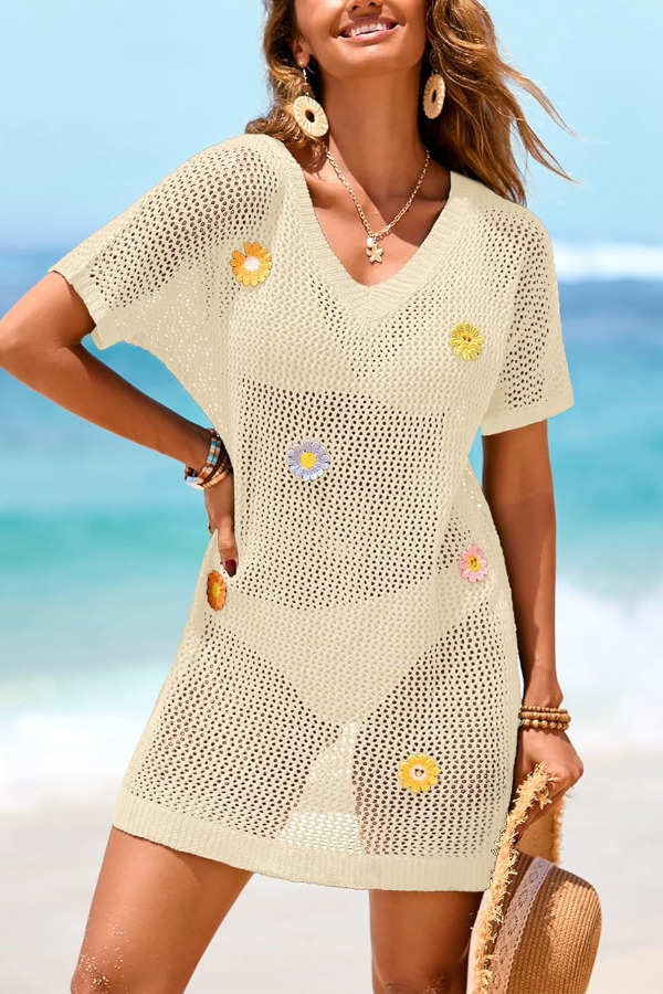 Floral-decorated V-neck Short-sleeved Crochet Cover-up Vacation Mini Dress-consonak