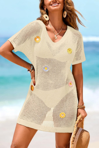 Floral-decorated V-neck Short-sleeved Crochet Cover-up Vacation Mini Dress-consonak