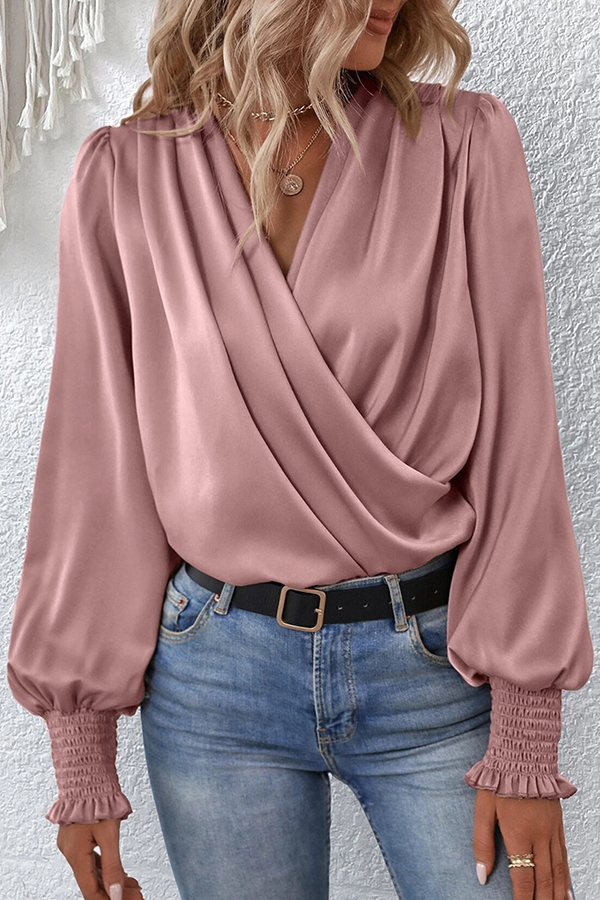 Satin Solid Color V-neck Lantern Sleeve Elegant Loose Shirt-consonak