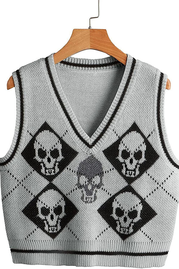 Halloween Skull Argyle Knit Sweater Vest-Consonak