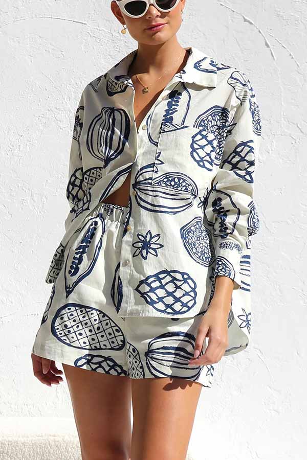 Parkside Pretty Tropical Fruit Print Loose Shirt and Elastic Waist Pocketed Shorts Set-consonak