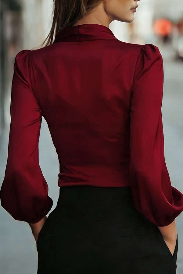 Satin V-neck Long-sleeved Casual Tie-waist Shirt-consonak