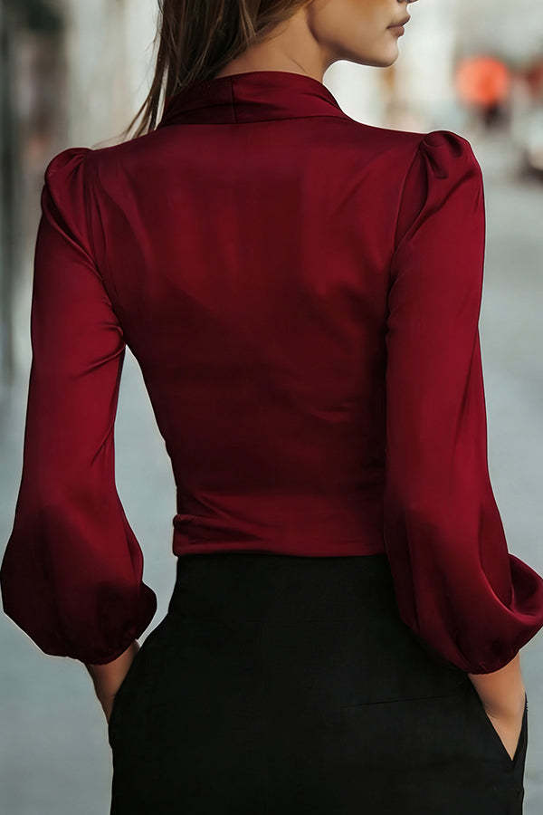 Satin V-neck Long-sleeved Casual Tie-waist Shirt-consonak