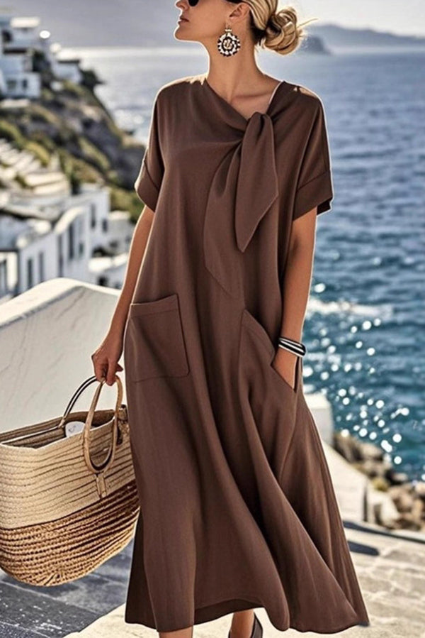 Solid Color Casual Short-sleeved Tie Round Neck Loose Pocket Mid-length Dress-consonak