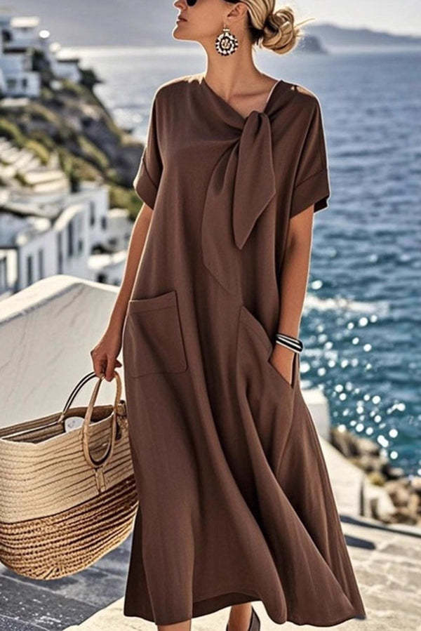 Solid Color Casual Short-sleeved Tie Round Neck Loose Pocket Mid-length Dress-consonak