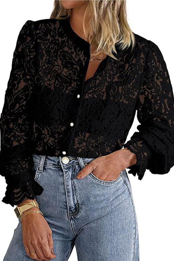 Fashionable Lace Long-sleeved Casual Button-down Shirt-consonak