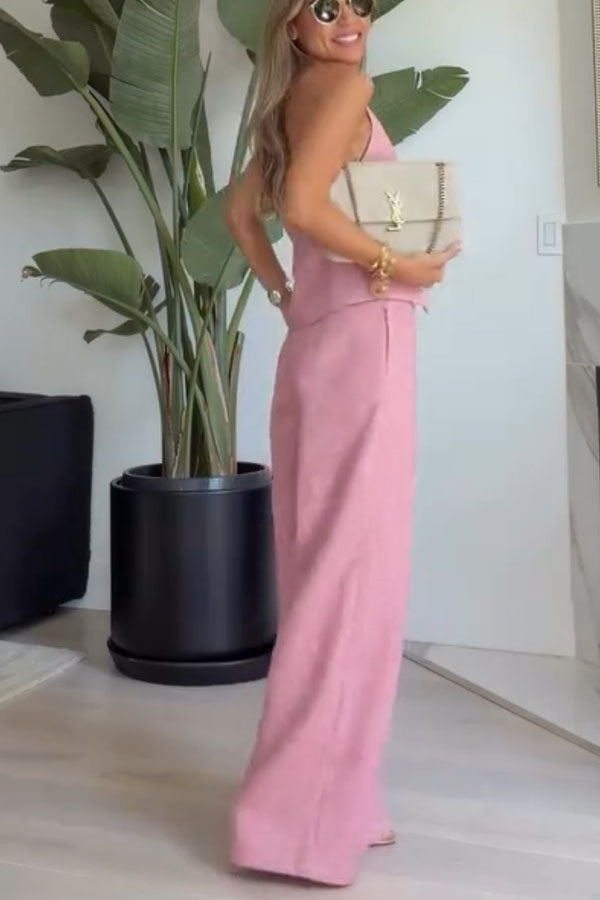 City Outfit Linen Blend Metal Button Halter Vest and Pocket Wide Leg Pants Set | Consonak