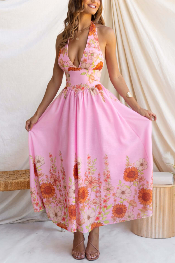 Sunflower Print V-neck Fitted Waist Elegant Maxi Dress