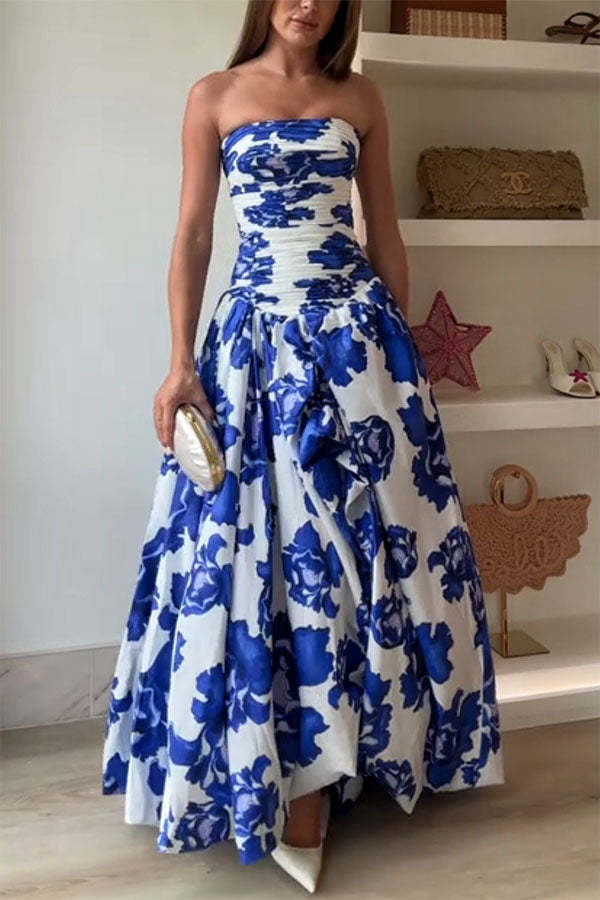 Perfect Moment Floral Off Shoulder Ruched Bodice Drape Bubble Hem Maxi Dress-consonak