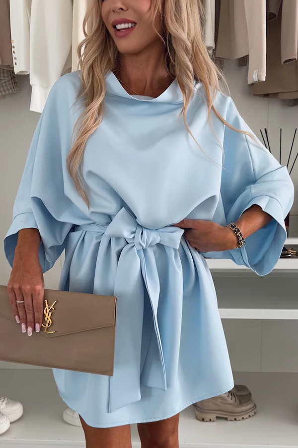 Solid Color Loose Round Neck Belted Mini Dress | Consonak