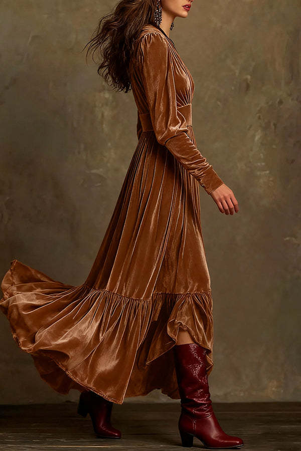 Fashionable Velvet V-neck Long-sleeved High-waisted Maxi Dress-consonak