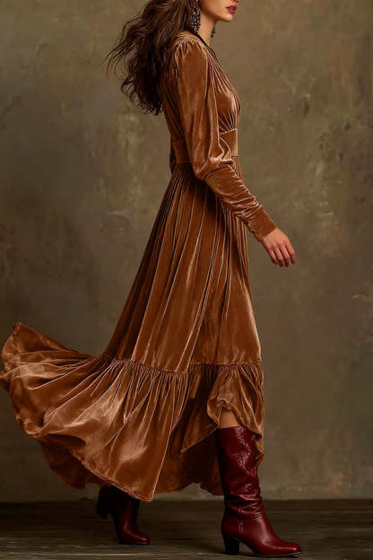 Fashionable Velvet V-neck Long-sleeved High-waisted Maxi Dress-consonak