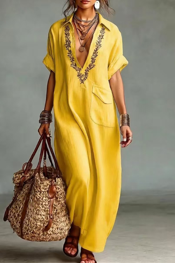Linen Blend Embroidered V-neck Pocket Casual Loose Maxi Dress