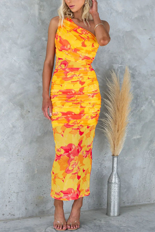 Night Blooms Mesh Overlay Printed One Shoulder Ruched Stretch Maxi Dress | Consonak