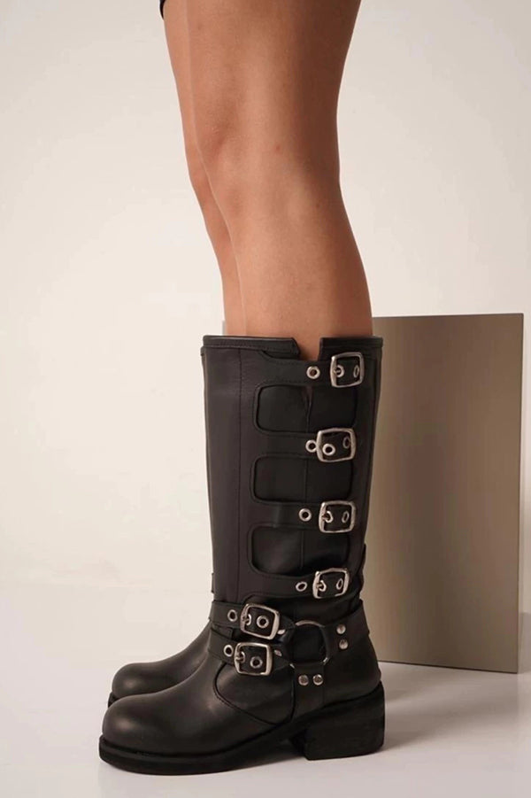 Vintage Belt Buckle Chunky Heeled Long Biker Boots-consonak