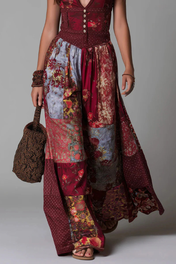 Unique Printed V-neck Sleeveless Fitted Waist Casual Maxi Dress | Consonak