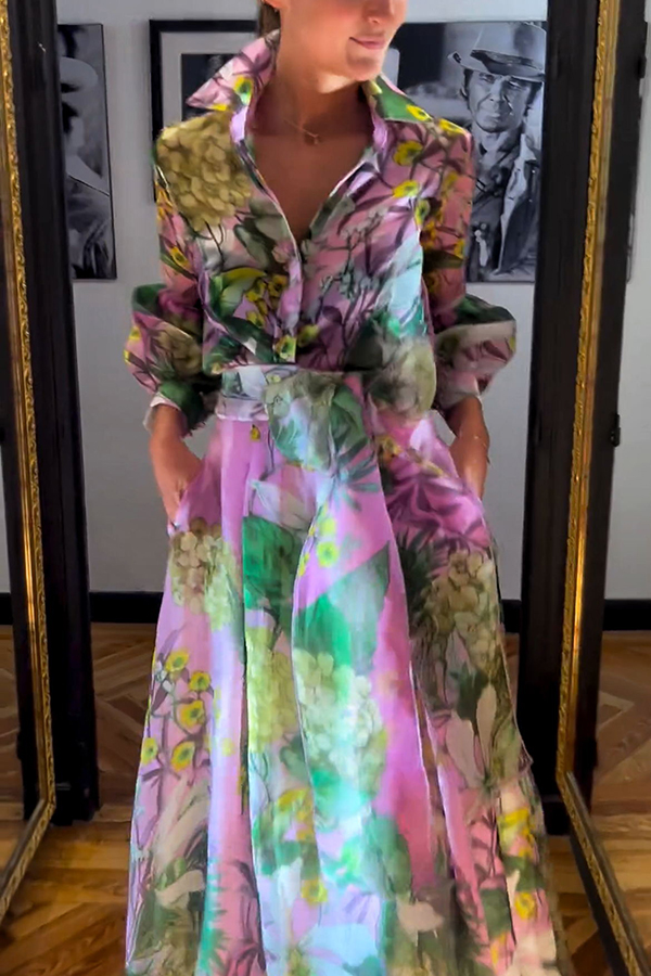 Seeds of Happiness Tulle Floral Print Balloon Sleeve Belt Blouse-consonak