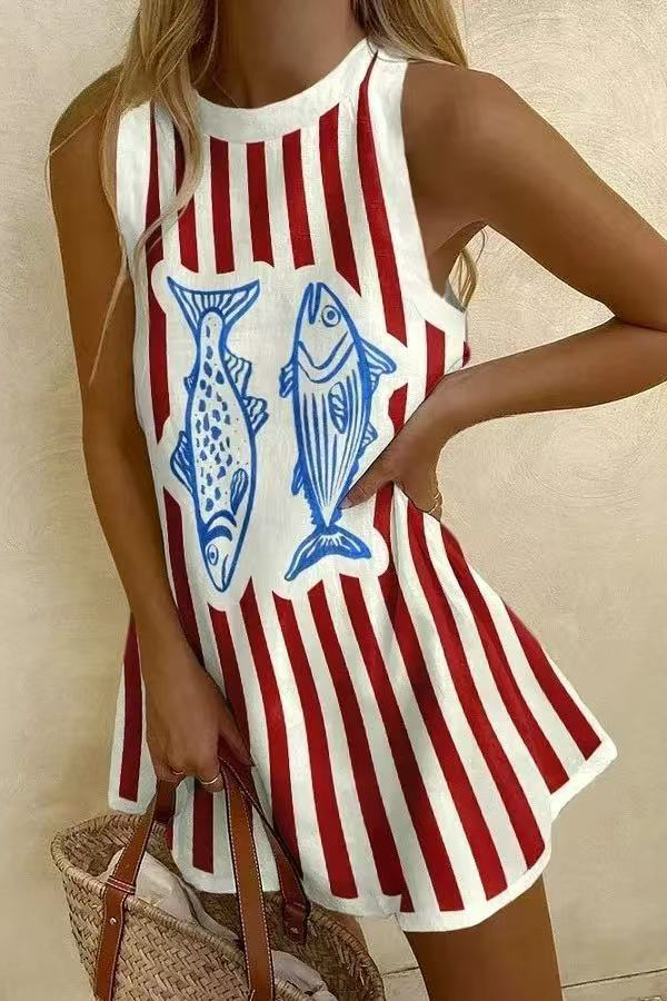 Striped Print Sleeveless Resort Mini Dress | Consonak