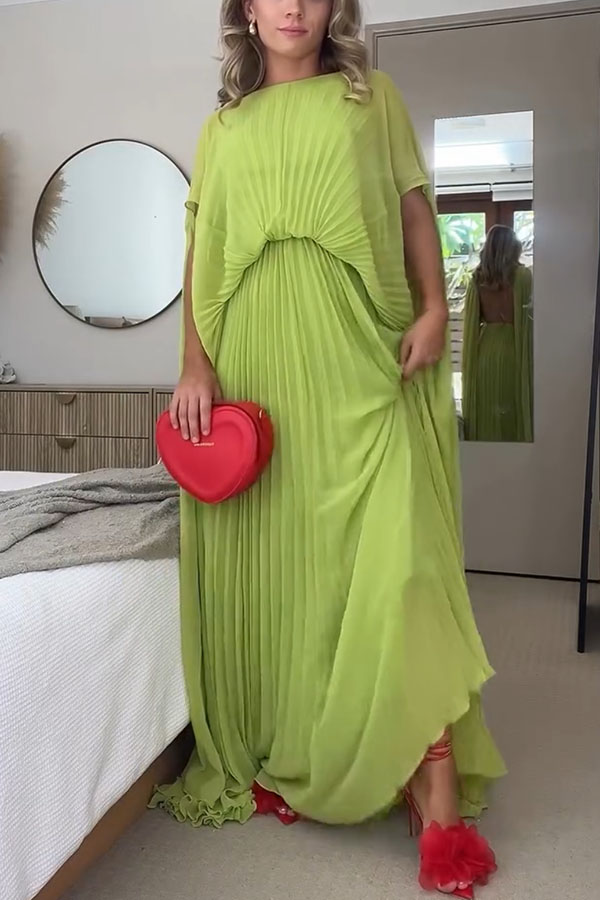 Spring Whispers Chiffon Pleated Wide Sleeve Volume Maxi Dress-consonak