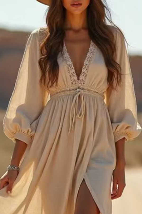 Solid Color Lace-trimmed V-neck Long-sleeved Slit Casual Maxi Dress