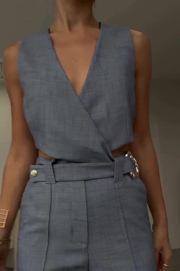 Crossover Slim Fit Sleeveless Vest and High Waisted Wide Leg Pants Set-consonak