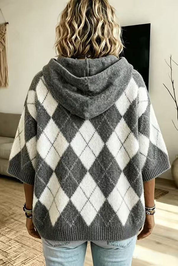 Comfortable and Casual Knit Color-blocked Plaid Print Half Sleeve Hoodie Sweater-Consonak