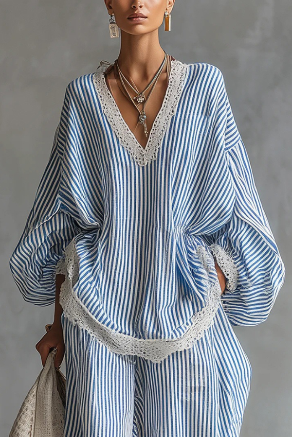 Striped Printed V-neck Lantern Sleeve Lace-trimmed Loose Top and Elastic Waist Casual Wide-leg Pants Set-Consonak