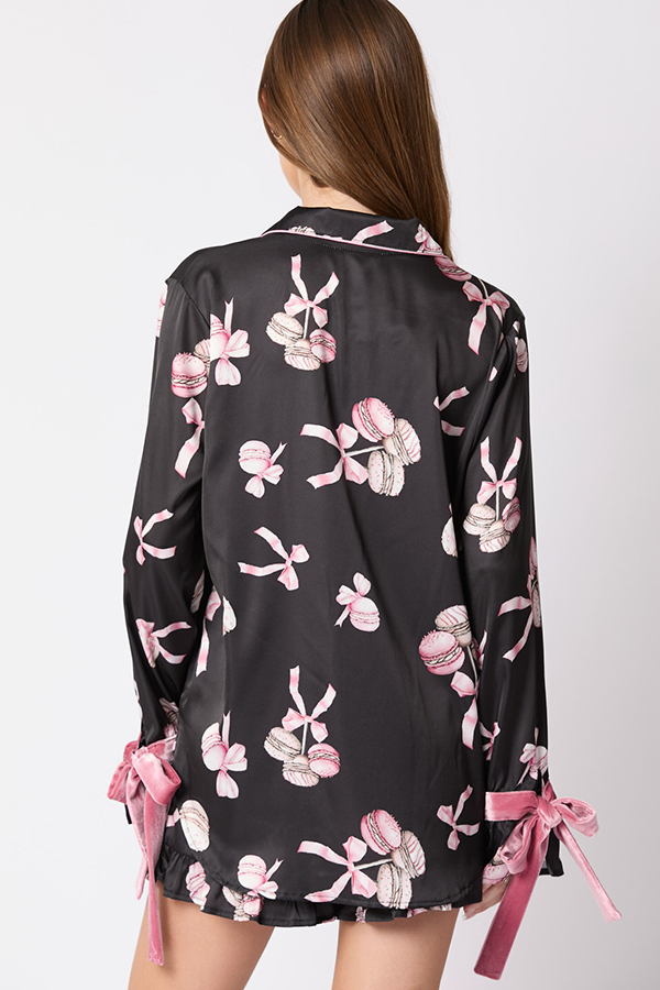 Unique Printed Loose Pocket Bow Tie Top and Elastic Waist Ruffled Shorts Set-consonak