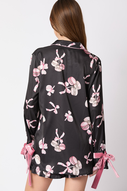 Unique Printed Loose Pocket Bow Tie Top and Elastic Waist Ruffled Shorts Set-consonak