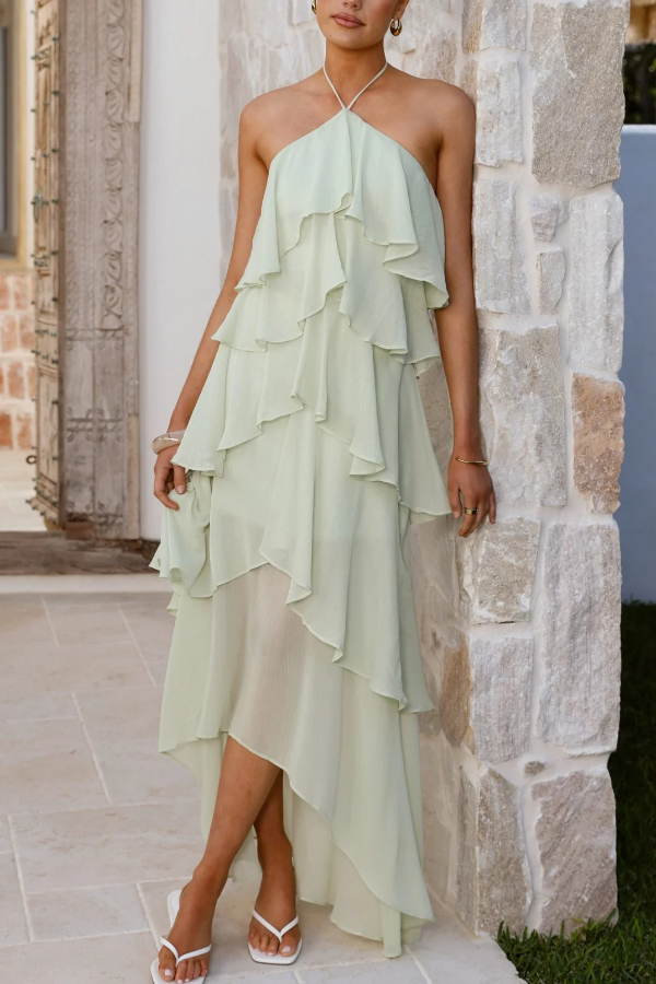 Solid Color Chiffon Halter Neck Elegant Ruffle Maxi Dress-consonak