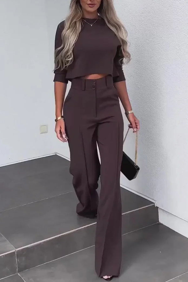 Luisa High Neck Half Sleeve Crop Top and High Rise Pocketed Flare Pants Set | Consonak
