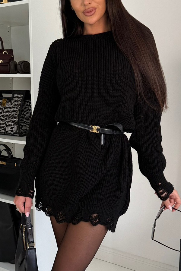 Solid Color Loose Ripped Knitted Mid-length Sweater-consonak