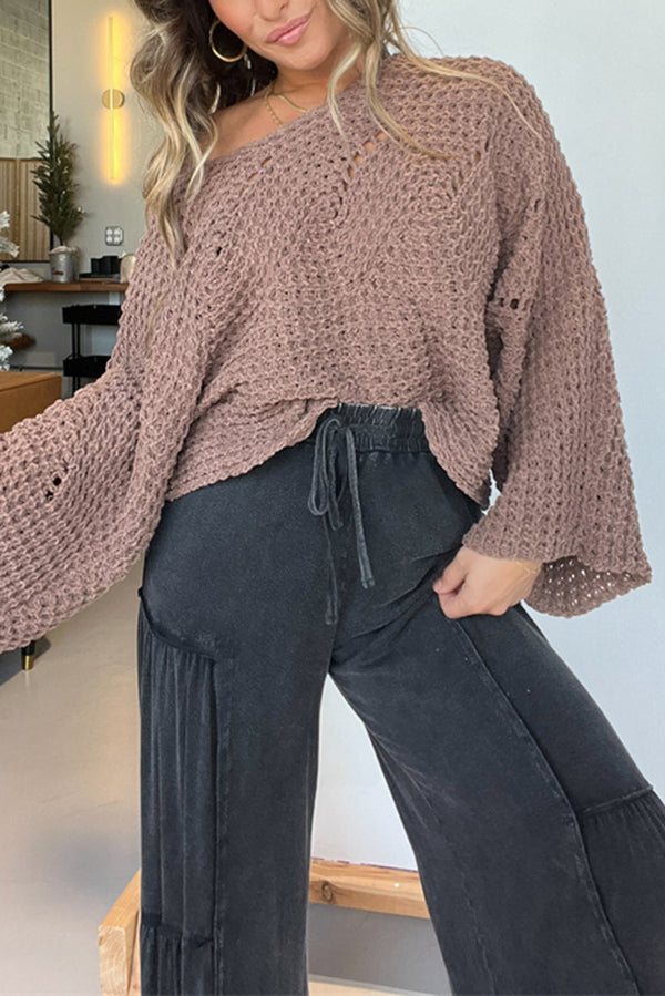 Solid Color Hollow Loose Round Neck Bat Sleeve Knitted Sweater-consonak