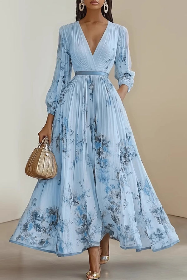 Unique Printed V-Neck Long Sleeve Bow Tie Waist Holiday Maxi Dress-consonak