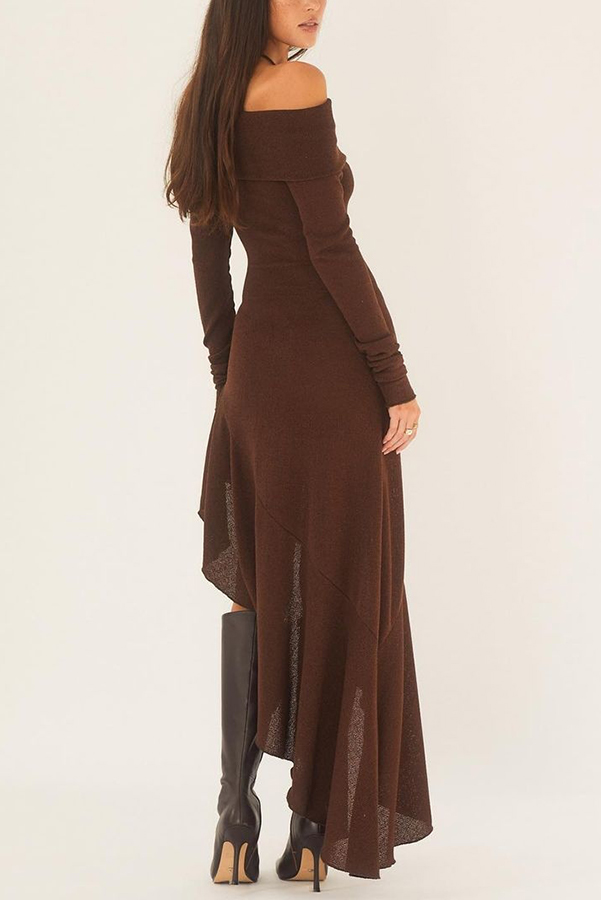 Temperament Off Shoulder Long Sleeve Irregular Hem Stretch Maxi Dress-consonak