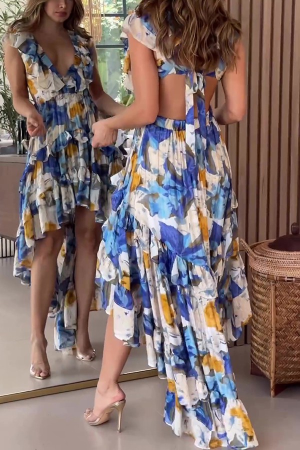 Boho Floral Print Sexy V-neck Backless Resort Maxi Dress-consonak