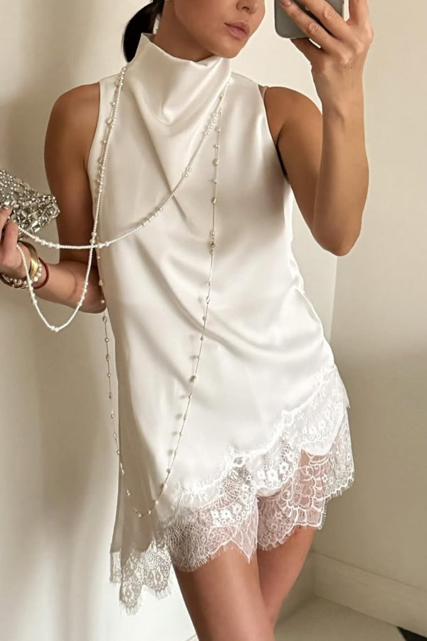 Solid Color Satin Spliced lace Sleeveless Irregular Casual Top