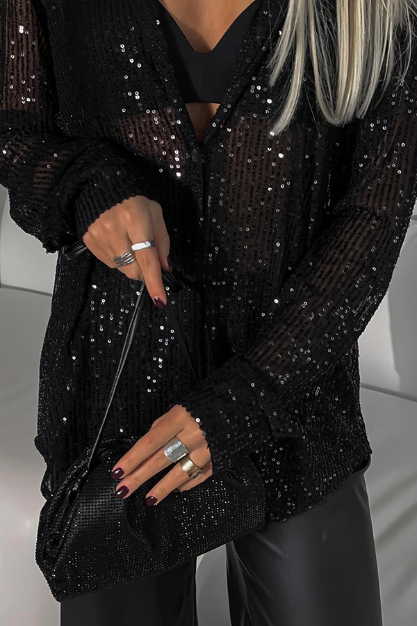 Fashion Sequin Lapel Long Sleeve Loose Shirt-consonak