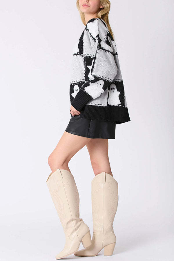Halloween Plaid Ghost Loose Long Sleeve Knitted Sweater-consonak