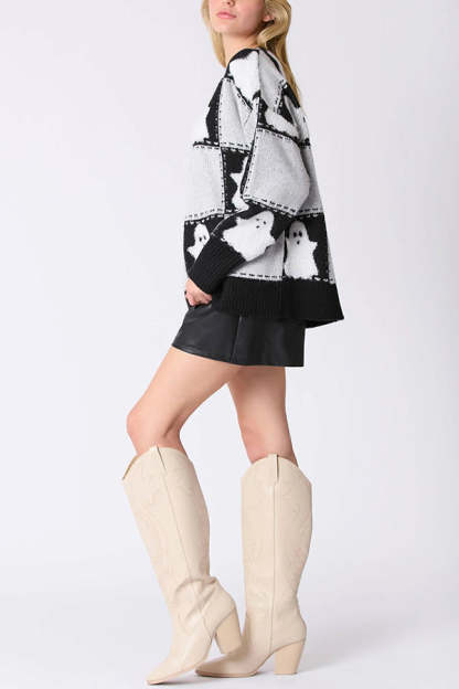 Halloween Plaid Ghost Loose Long Sleeve Knitted Sweater-consonak