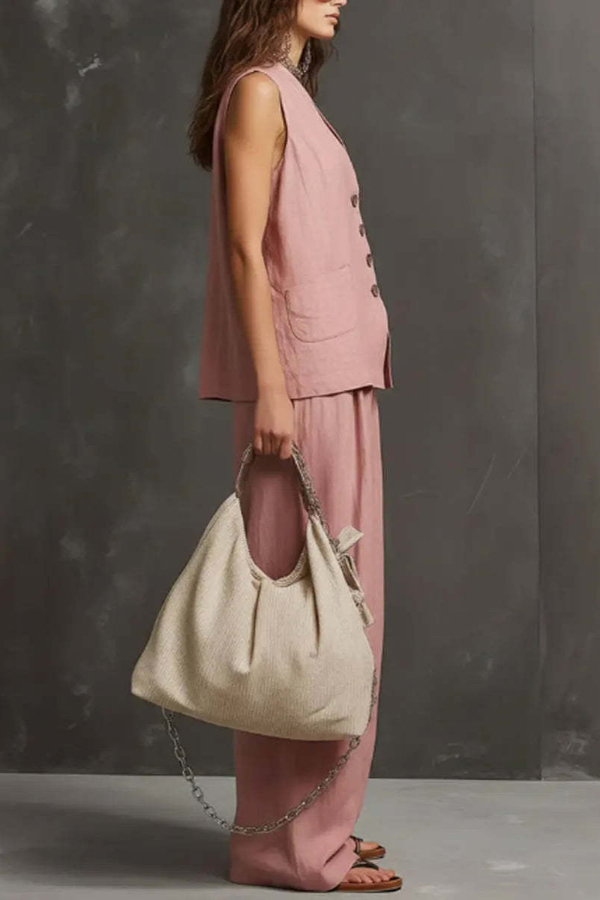 Linen Blend V-neck Sleeveless Button-down Vest and Casual Elastic Waist Pocket Wide-leg Pants Set